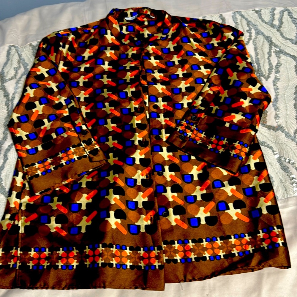 Zara‎ Shirt Womens Medium Bold Abstract Patterned Button Flowy Artsy Boho Retro